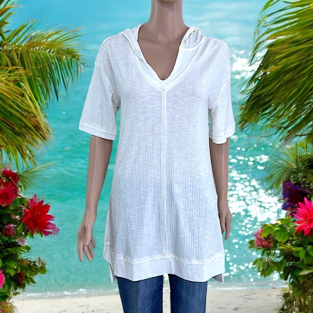 NEW Mur Mur Off-White Ribbed Short Sleeve Hooded Swimsuit Coverup - Picture 11 of 16